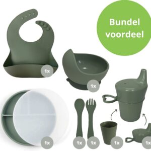 Ik Ben Zo Mooi 8-delige Siliconen Kinderservies set met Bord, Deksel en Kom met Zuignap - Sage groen