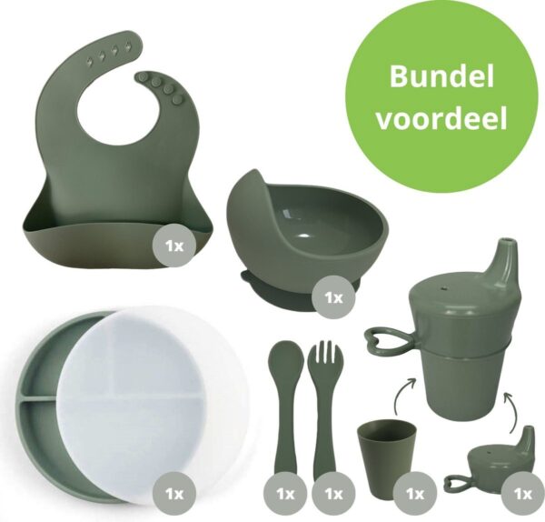 Ik Ben Zo Mooi 8-delige Siliconen Kinderservies set met Bord, Deksel en Kom met Zuignap - Sage groen