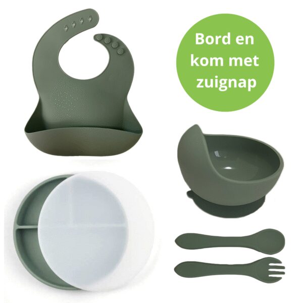 Ik Ben Zo Mooi Onbreekbaar Siliconen Kinderservies met Zuignap Bordje voor Baby en Kind - Set van 6 stuks - Sage Groen
