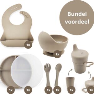 Ik Ben Zo Mooi 8-delige Siliconen Kinderservies set met Bord, Deksel en Kom met Zuignap - Doeskin zand