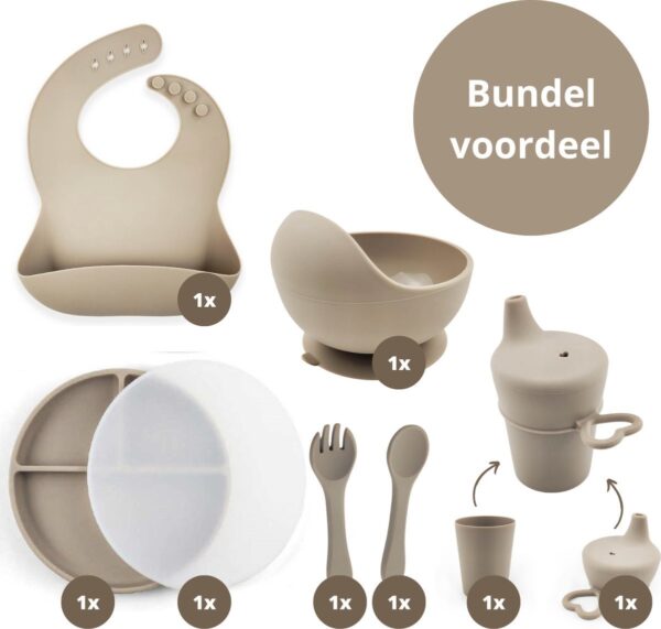 Ik Ben Zo Mooi 8-delige Siliconen Kinderservies set met Bord, Deksel en Kom met Zuignap - Doeskin zand