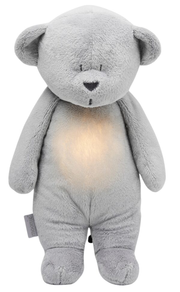 Moonie The Humming Bear Zilver | 28 cm | Hartslag en ruis knuffel met huilsensor en licht