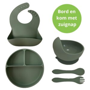 Ik Ben Zo Mooi Onbreekbaar Siliconen Kinderservies met Zuignap Bordje voor Baby en Kind - Set van 5 stuks - Sage Groen